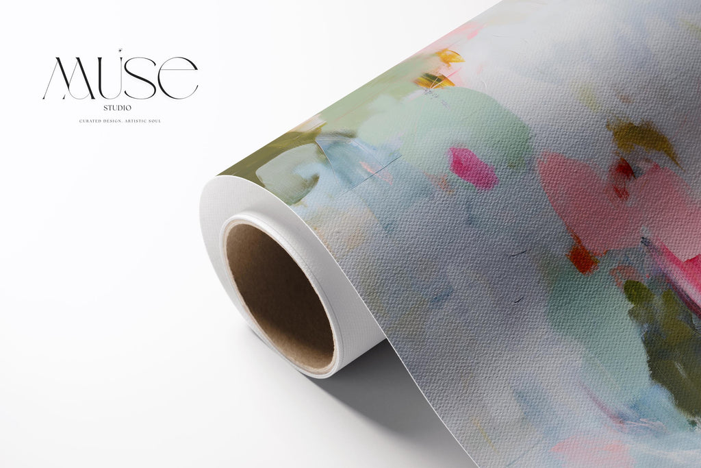 Muse Studio spring abstract canvas wall art print featuring soft pink, misty blue, sage green, ivory, deep teal, and olive painterly brushstrokes. Premium canvas printed with museum-grade giclée inks, available as stretched canvas or rolled canvas for airy pastel, soft modern, coastal, colorful, and spring-inspired living room or bedroom decor.