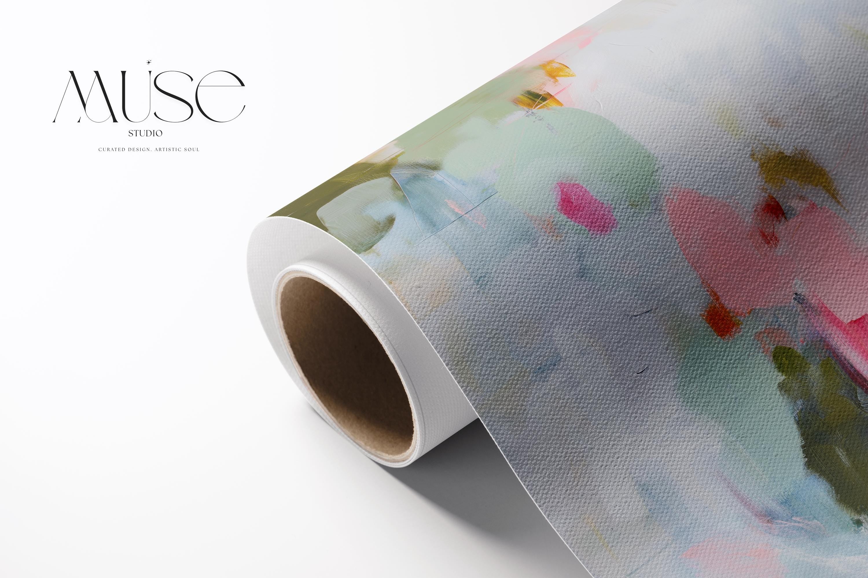 Muse Studio spring abstract canvas wall art print featuring soft pink, misty blue, sage green, ivory, deep teal, and olive painterly brushstrokes. Premium canvas printed with museum-grade giclée inks, available as stretched canvas or rolled canvas for airy pastel, soft modern, coastal, colorful, and spring-inspired living room or bedroom decor.