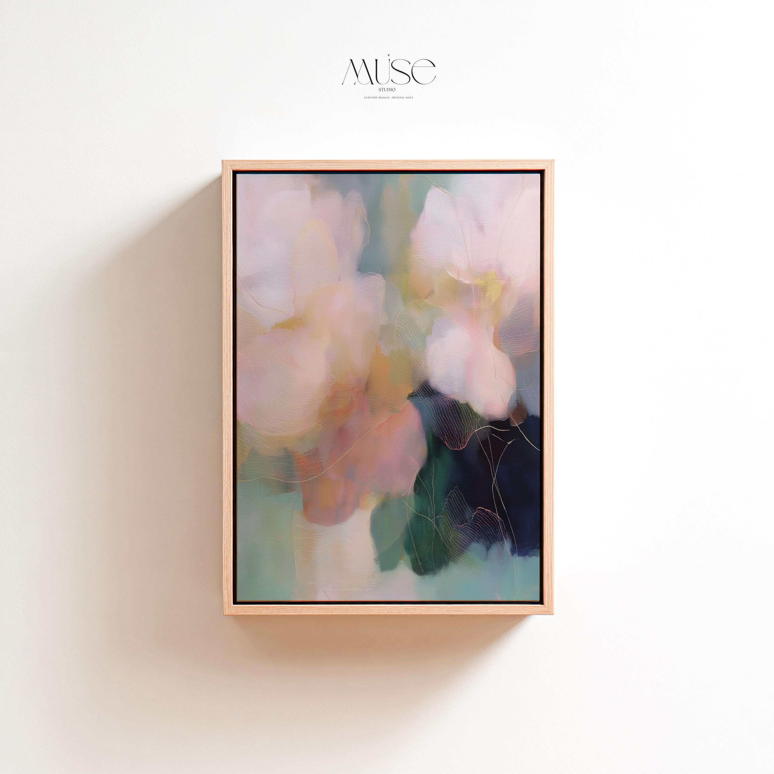 Muse Studio framed floral wall art featuring pastel pink, sage green, aqua, cream, and deep navy abstract botanical composition. Vertical framed canvas artwork with romantic botanical movement, museum-grade giclée inks, premium cotton canvas, and custom wood float frame options in natural, white, black, antique gold, and antique silver for bedroom, office, dining room, or living room interiors.