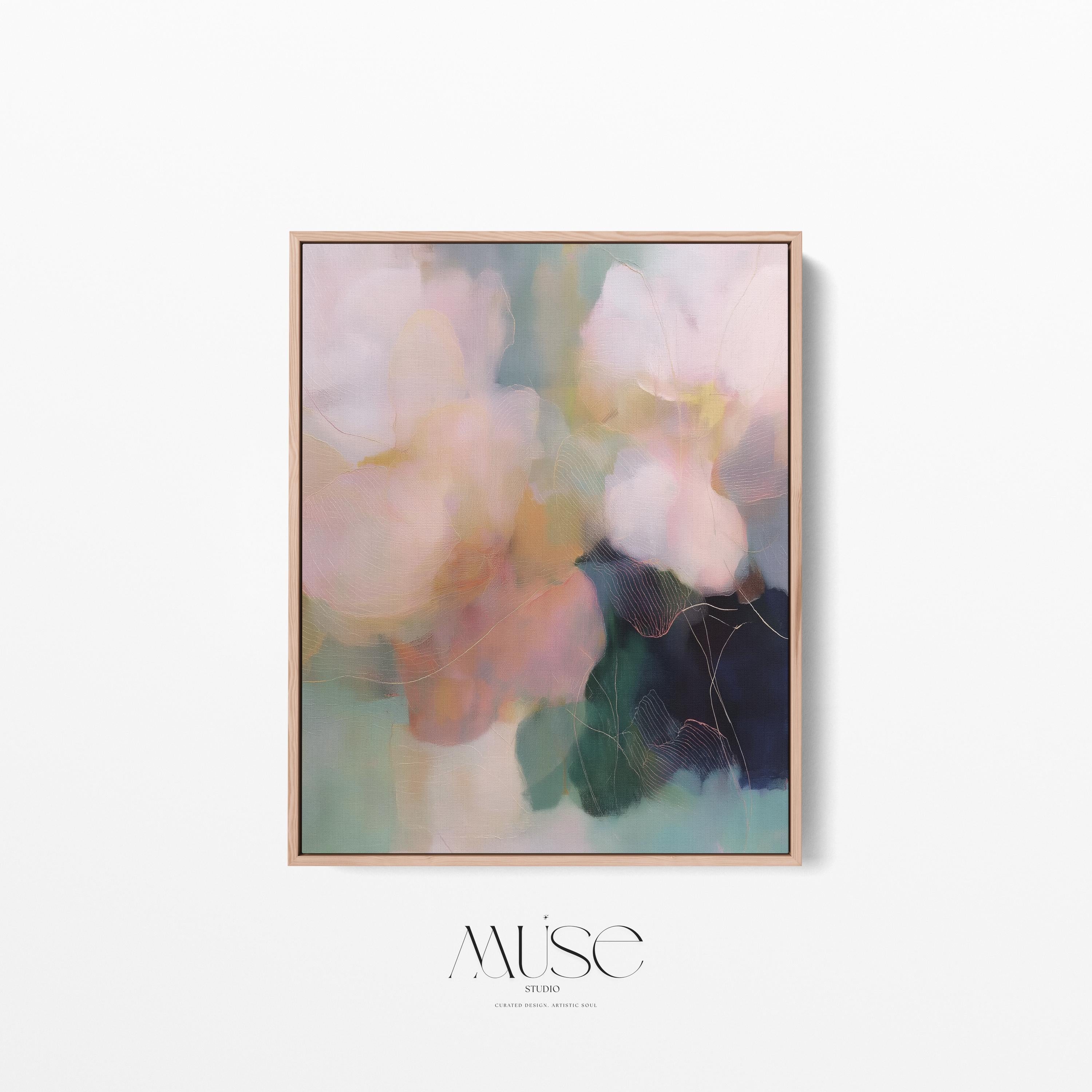 Muse Studio framed floral wall art featuring pastel pink, sage green, aqua, cream, and deep navy abstract botanical composition. Vertical framed canvas artwork with romantic botanical movement, museum-grade giclée inks, premium cotton canvas, and custom wood float frame options in natural, white, black, antique gold, and antique silver for bedroom, office, dining room, or living room interiors.