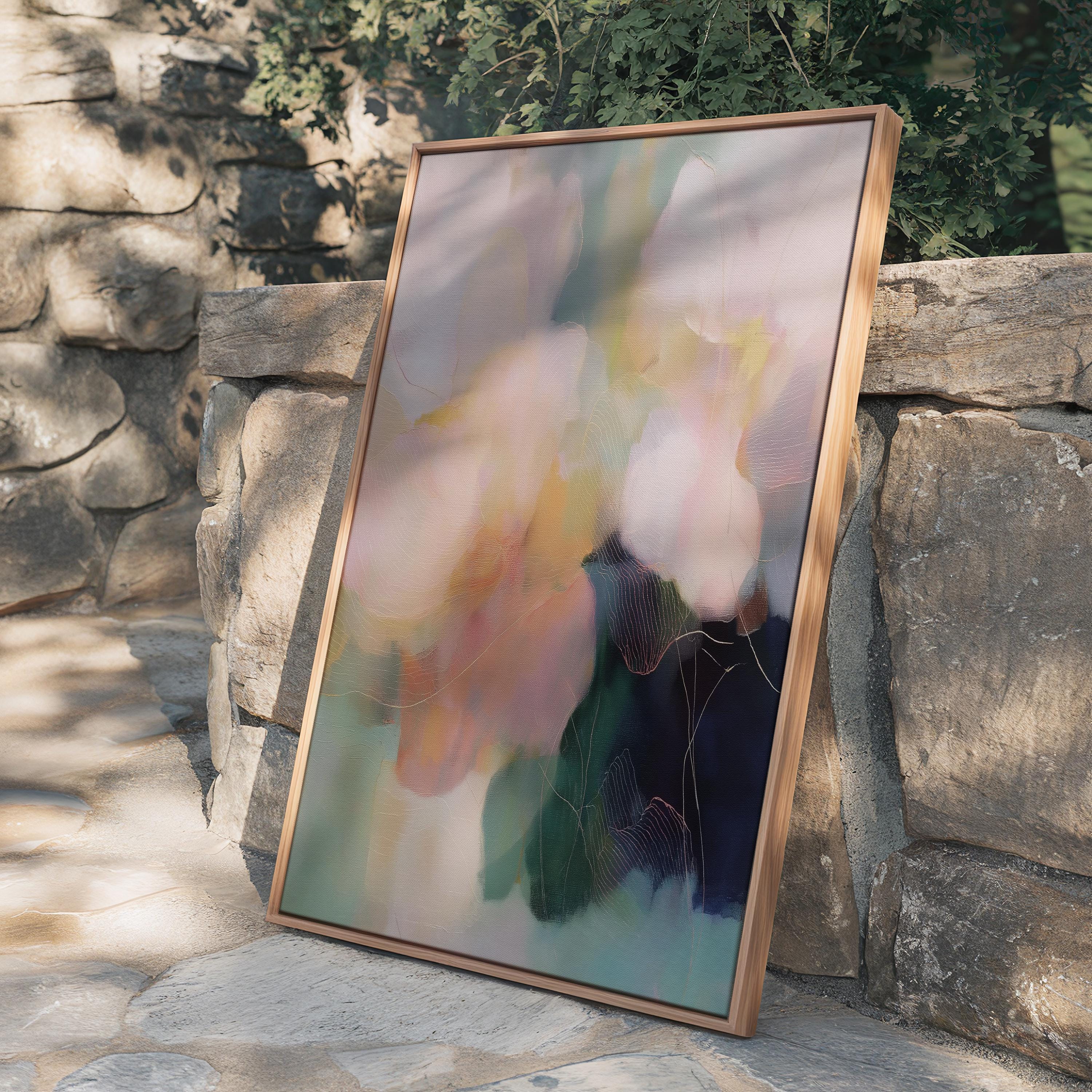 Muse Studio framed floral wall art featuring pastel pink, sage green, aqua, cream, and deep navy abstract botanical composition. Vertical framed canvas artwork with romantic botanical movement, museum-grade giclée inks, premium cotton canvas, and custom wood float frame options in natural, white, black, antique gold, and antique silver for bedroom, office, dining room, or living room interiors.