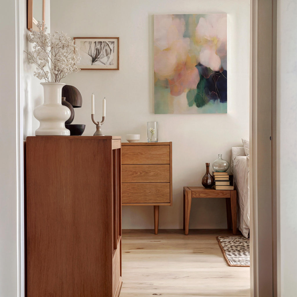 Muse Studio pastel floral wall art featuring blush pink, sage green, aqua, cream, and deep navy abstract botanical forms. Vertical canvas artwork with soft contemporary floral movement, museum-grade giclée inks, and premium gallery-wrapped cotton canvas, styled for living room, bedroom, office, dining room, or romantic modern interiors.