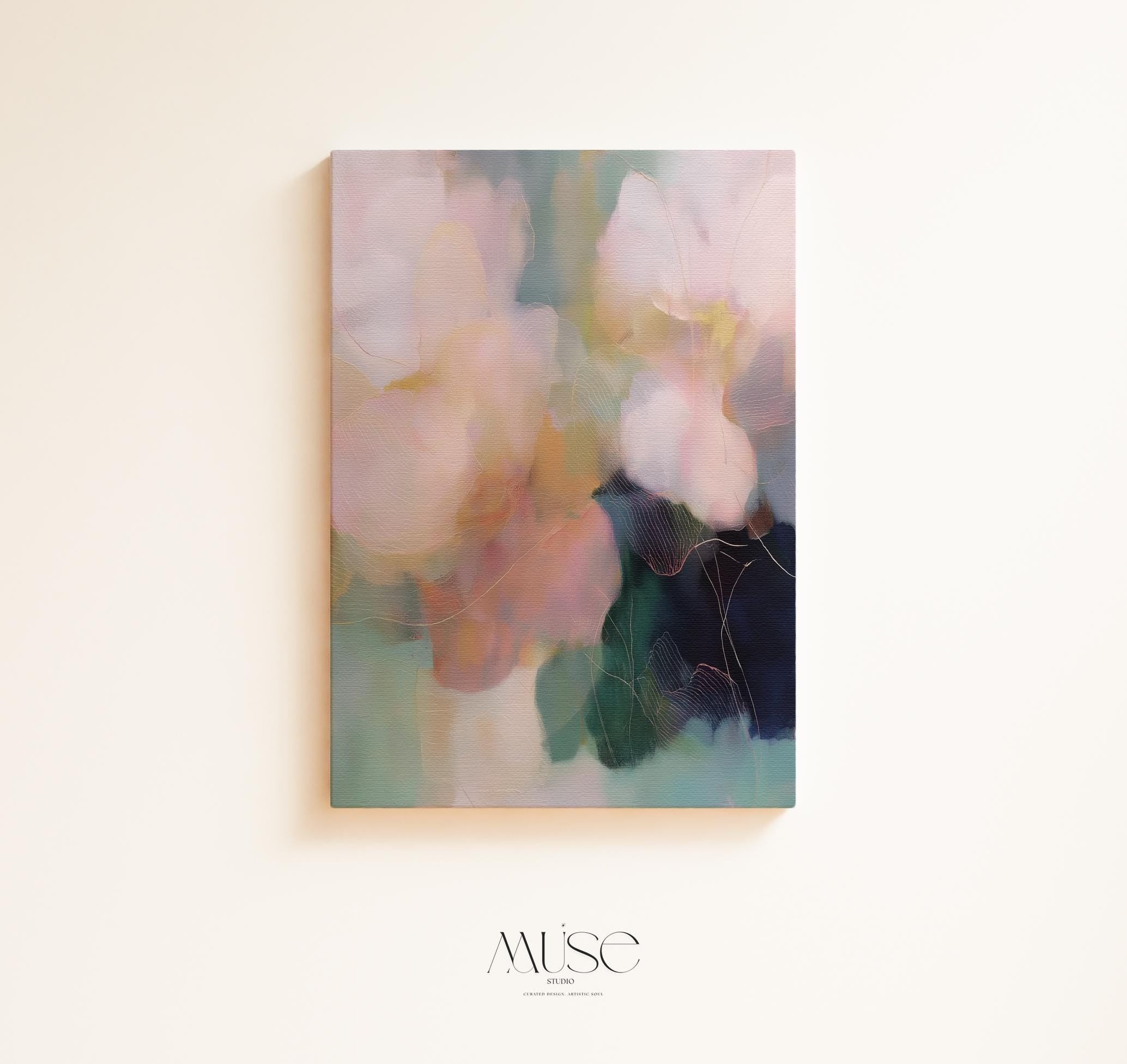 Muse Studio pastel floral wall art featuring blush pink, sage green, aqua, cream, and deep navy abstract botanical forms. Vertical canvas artwork with soft contemporary floral movement, museum-grade giclée inks, and premium gallery-wrapped cotton canvas, styled for living room, bedroom, office, dining room, or romantic modern interiors.