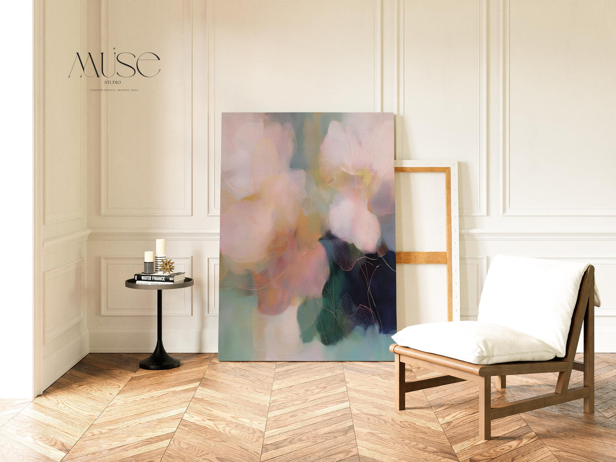 Muse Studio pastel floral wall art featuring blush pink, sage green, aqua, cream, and deep navy abstract botanical forms. Vertical canvas artwork with soft contemporary floral movement, museum-grade giclée inks, and premium gallery-wrapped cotton canvas, styled for living room, bedroom, office, dining room, or romantic modern interiors.
