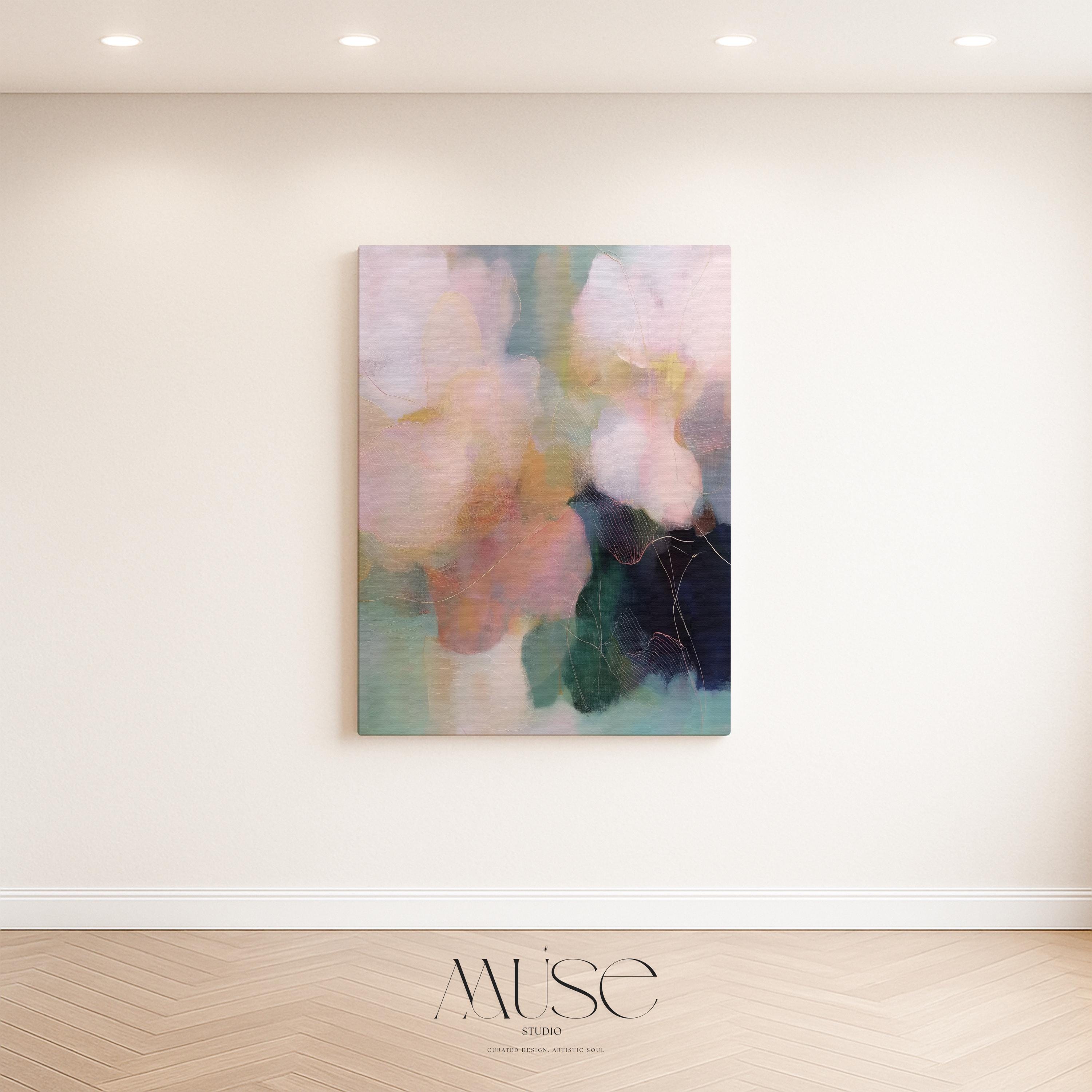 Muse Studio pastel floral wall art featuring blush pink, sage green, aqua, cream, and deep navy abstract botanical forms. Vertical canvas artwork with soft contemporary floral movement, museum-grade giclée inks, and premium gallery-wrapped cotton canvas, styled for living room, bedroom, office, dining room, or romantic modern interiors.