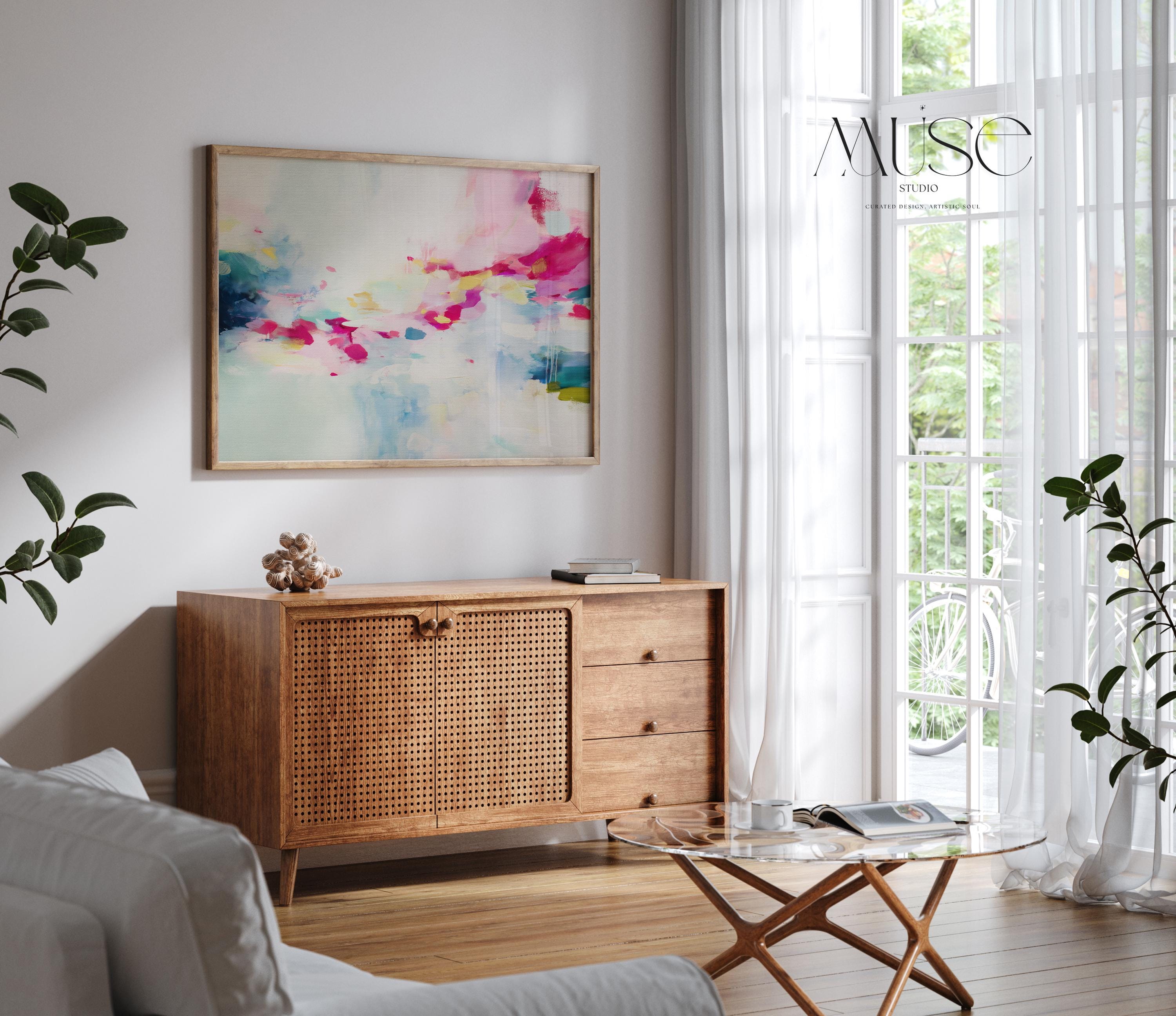 Horizontal abstract artwork in blush pink, magenta, lemon yellow, soft mint, and navy, layered over a pale ivory background with painterly brushstrokes and expressive movement. The soft color transitions and energetic drips reflect a modern, boho-inspired style. Ideal for soft contemporary, dopamine decor, and feminine interior trends, this piece brings a joyful, curated vibe to bedrooms, creative studios, or styled living rooms.