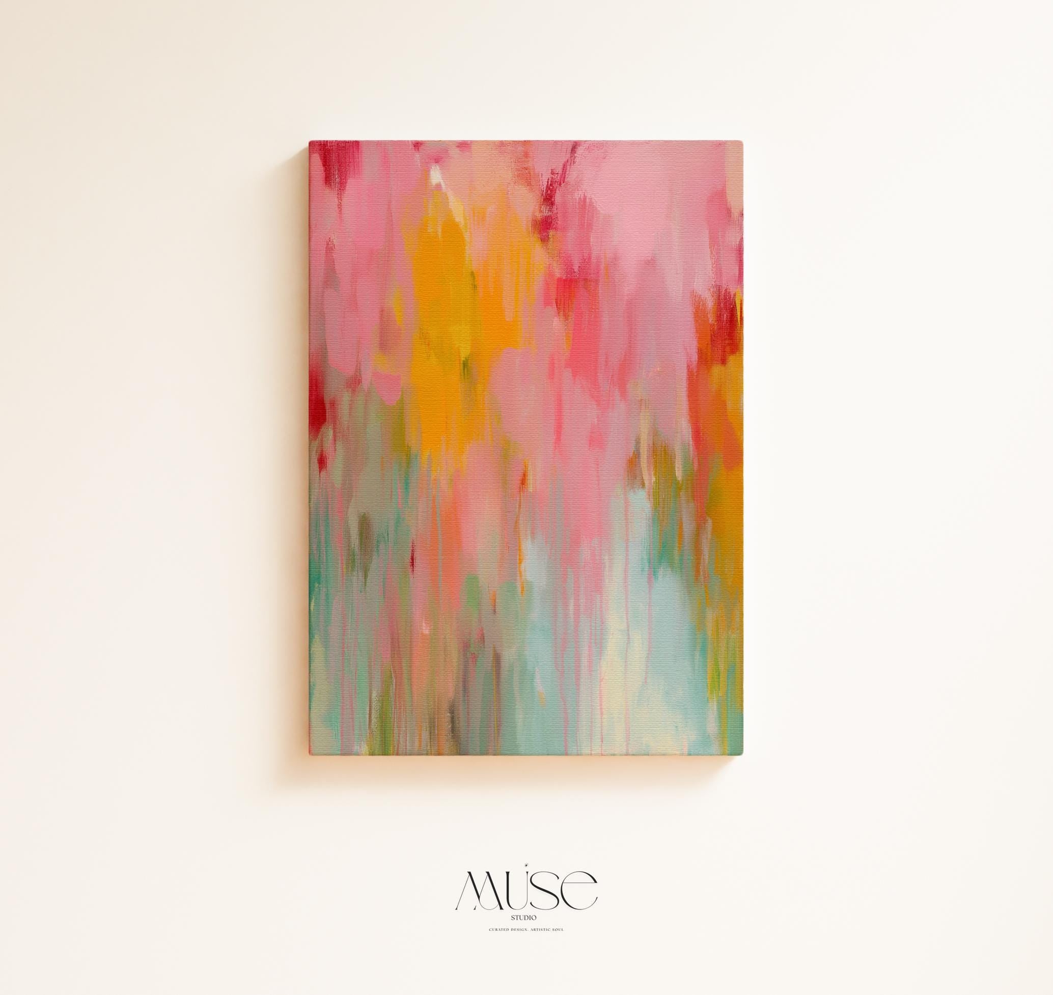 Muse Studio boho abstract wall art featuring warm pink, coral, aqua, teal, and golden yellow painterly movement. Premium gallery-wrapped canvas printed with museum-grade giclée inks, styled as colorful abstract canvas art for modern boho living rooms, bedrooms, creative studios, and eclectic statement interiors.