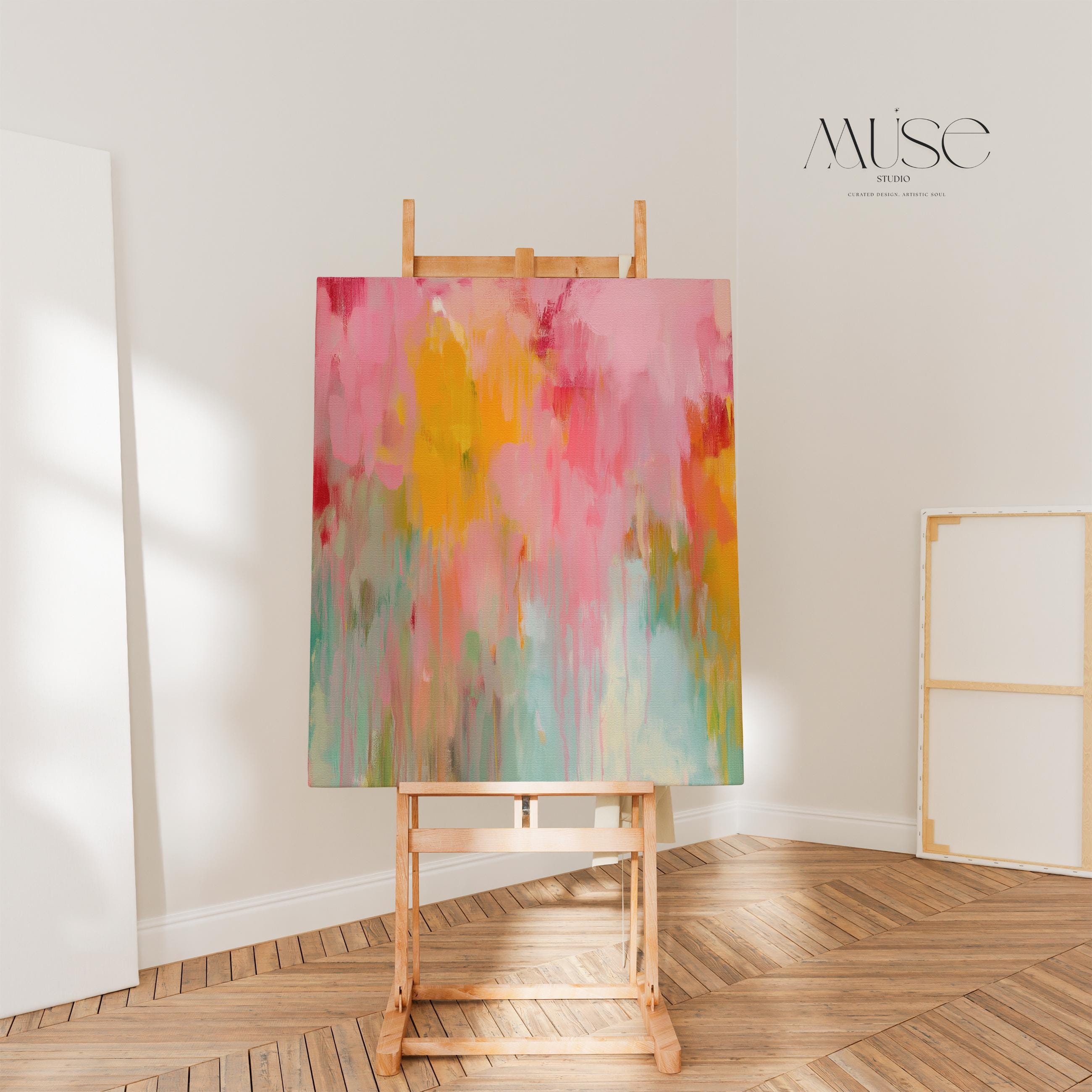 Muse Studio boho abstract wall art featuring warm pink, coral, aqua, teal, and golden yellow painterly movement. Premium gallery-wrapped canvas printed with museum-grade giclée inks, styled as colorful abstract canvas art for modern boho living rooms, bedrooms, creative studios, and eclectic statement interiors.