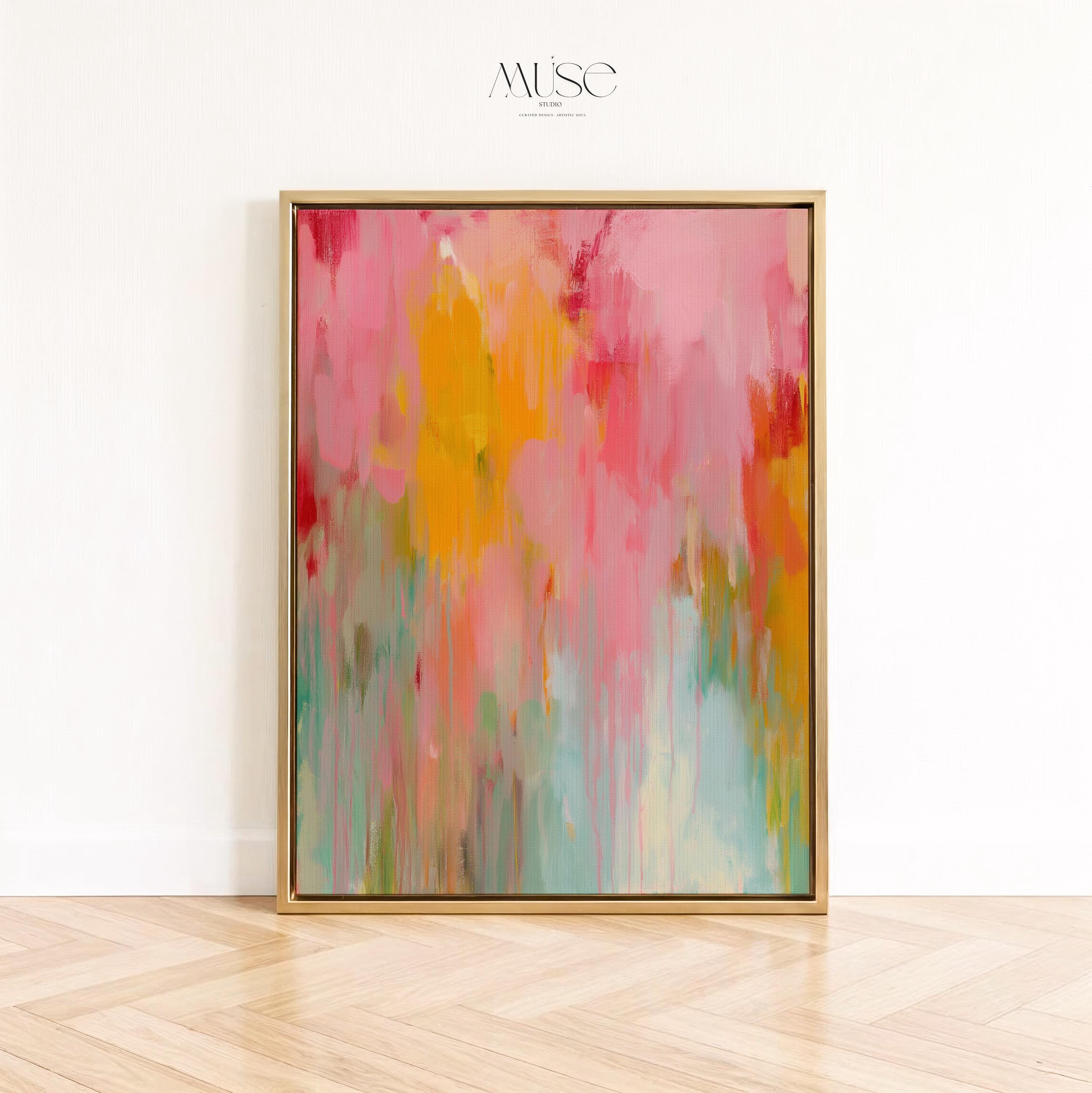 Muse Studio boho abstract wall art featuring warm pink, coral, aqua, teal, and golden yellow painterly movement. Premium gallery-wrapped canvas printed with museum-grade giclée inks, styled as colorful abstract canvas art for modern boho living rooms, bedrooms, creative studios, and eclectic statement interiors.