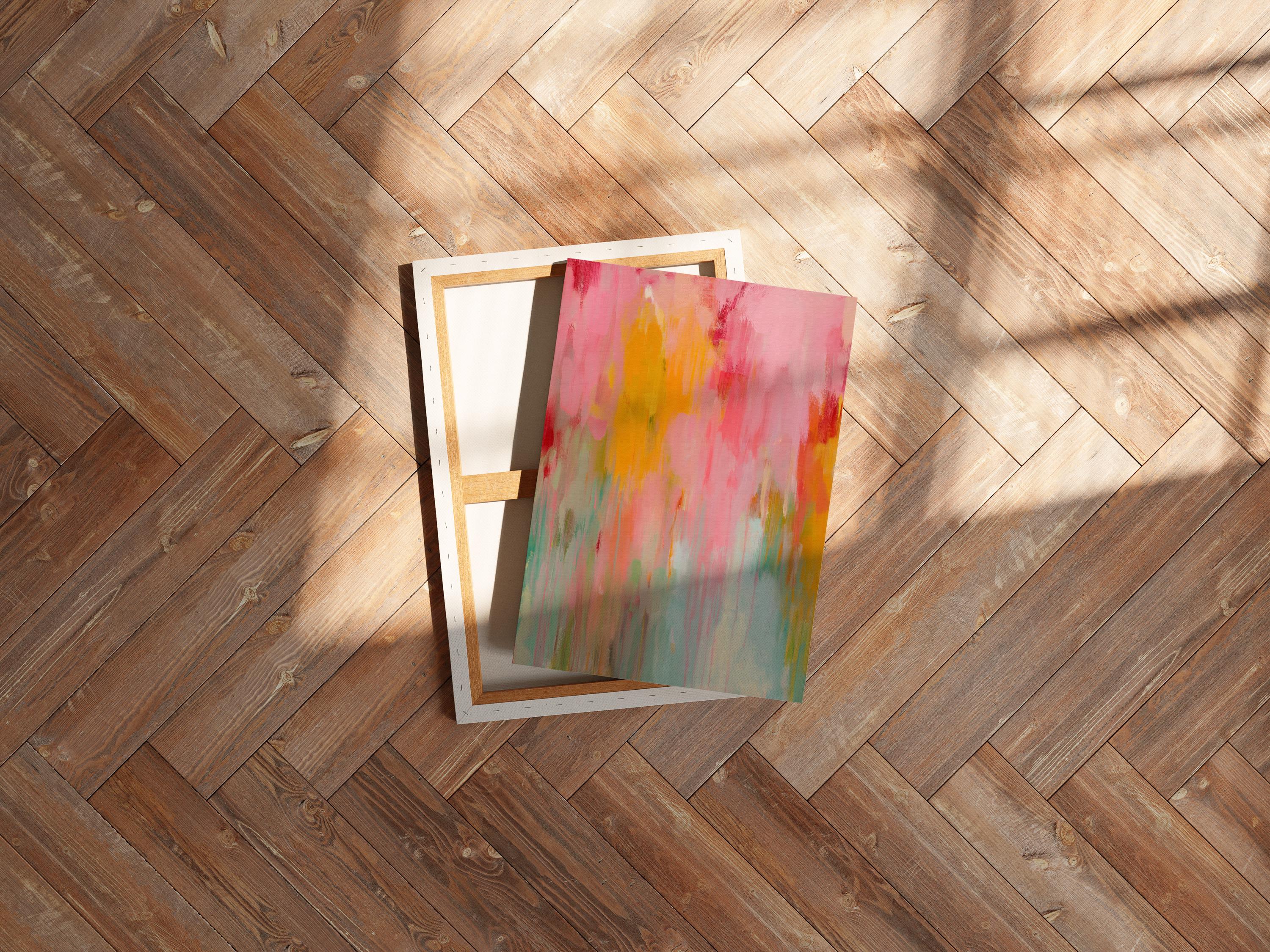 Muse Studio boho abstract wall art featuring warm pink, coral, aqua, teal, and golden yellow painterly movement. Premium gallery-wrapped canvas printed with museum-grade giclée inks, styled as colorful abstract canvas art for modern boho living rooms, bedrooms, creative studios, and eclectic statement interiors.