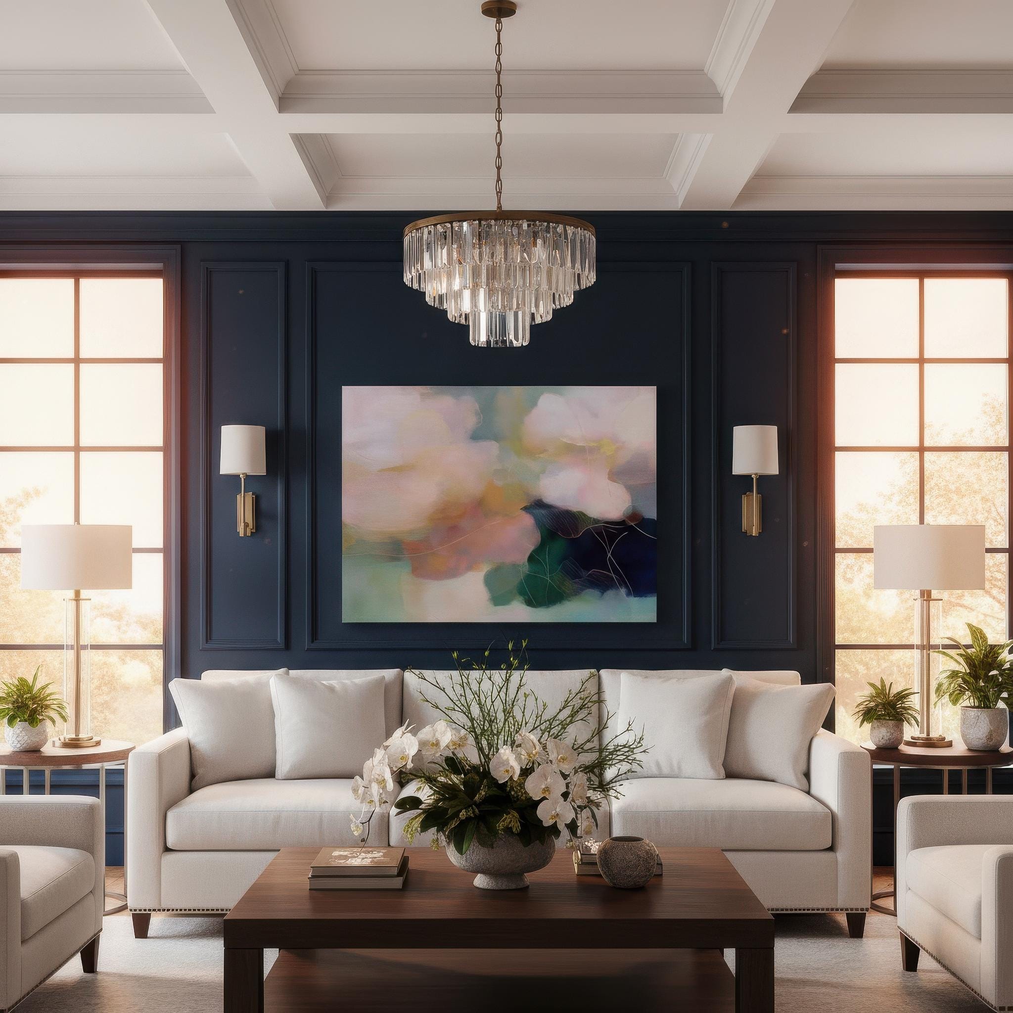 Muse Studio horizontal pastel floral canvas wall art featuring blush pink, sage green, muted teal, and deep navy botanical abstract flowers, printed with museum-grade giclée inks on premium gallery-wrapped artist canvas, available as stretched or rolled canvas for bedroom, living room, dining room, office, console styling, and farmhouse interiors.