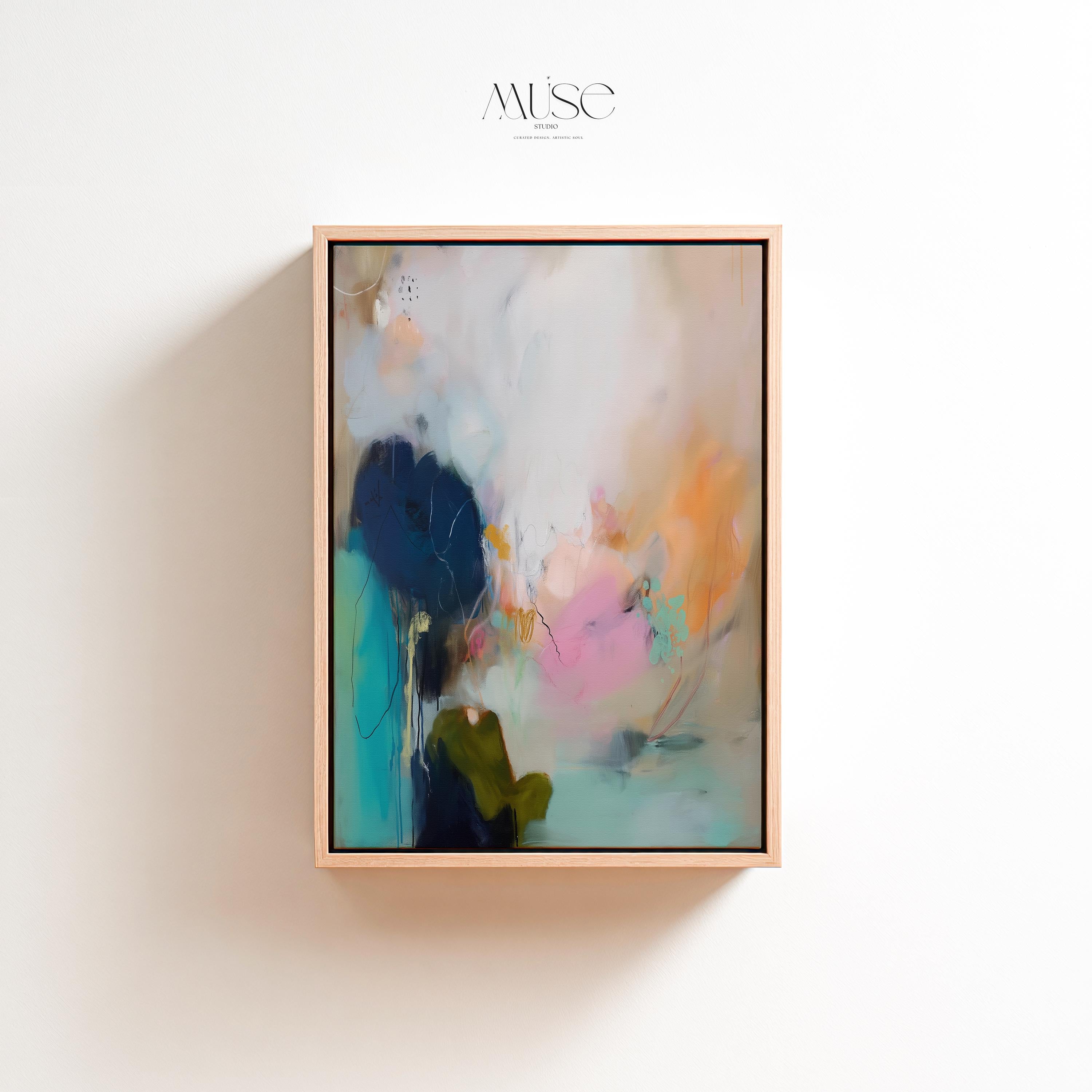 Muse Studio vertical coastal sunset abstract canvas wall art with teal blue ocean-inspired layers, soft pink and peach sunset tones, deep navy contrast, and expressive painterly texture, styled as large modern seashore decor for a living room, office, bedroom, or beach house interior.