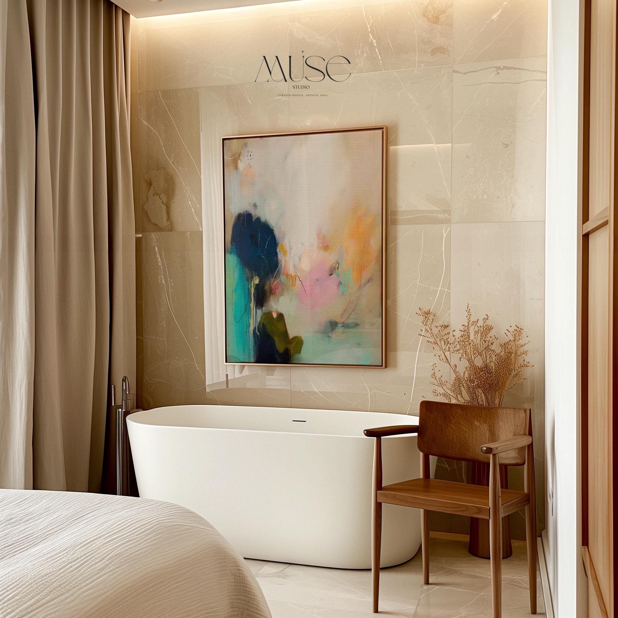 Muse Studio vertical coastal sunset abstract canvas wall art with teal blue ocean-inspired layers, soft pink and peach sunset tones, deep navy contrast, and expressive painterly texture, styled as large modern seashore decor for a living room, office, bedroom, or beach house interior.