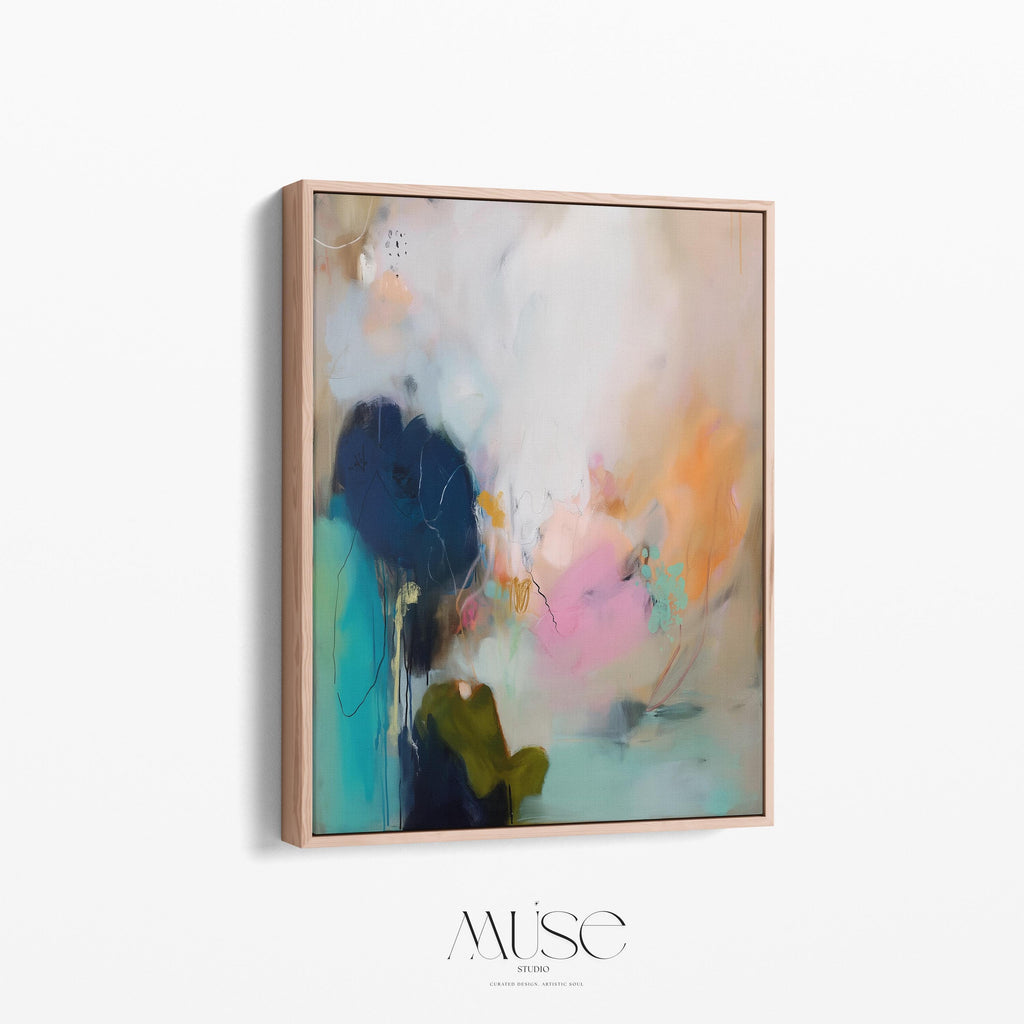 Muse Studio vertical coastal sunset abstract canvas wall art with teal blue ocean-inspired layers, soft pink and peach sunset tones, deep navy contrast, and expressive painterly texture, styled as large modern seashore decor for a living room, office, bedroom, or beach house interior.