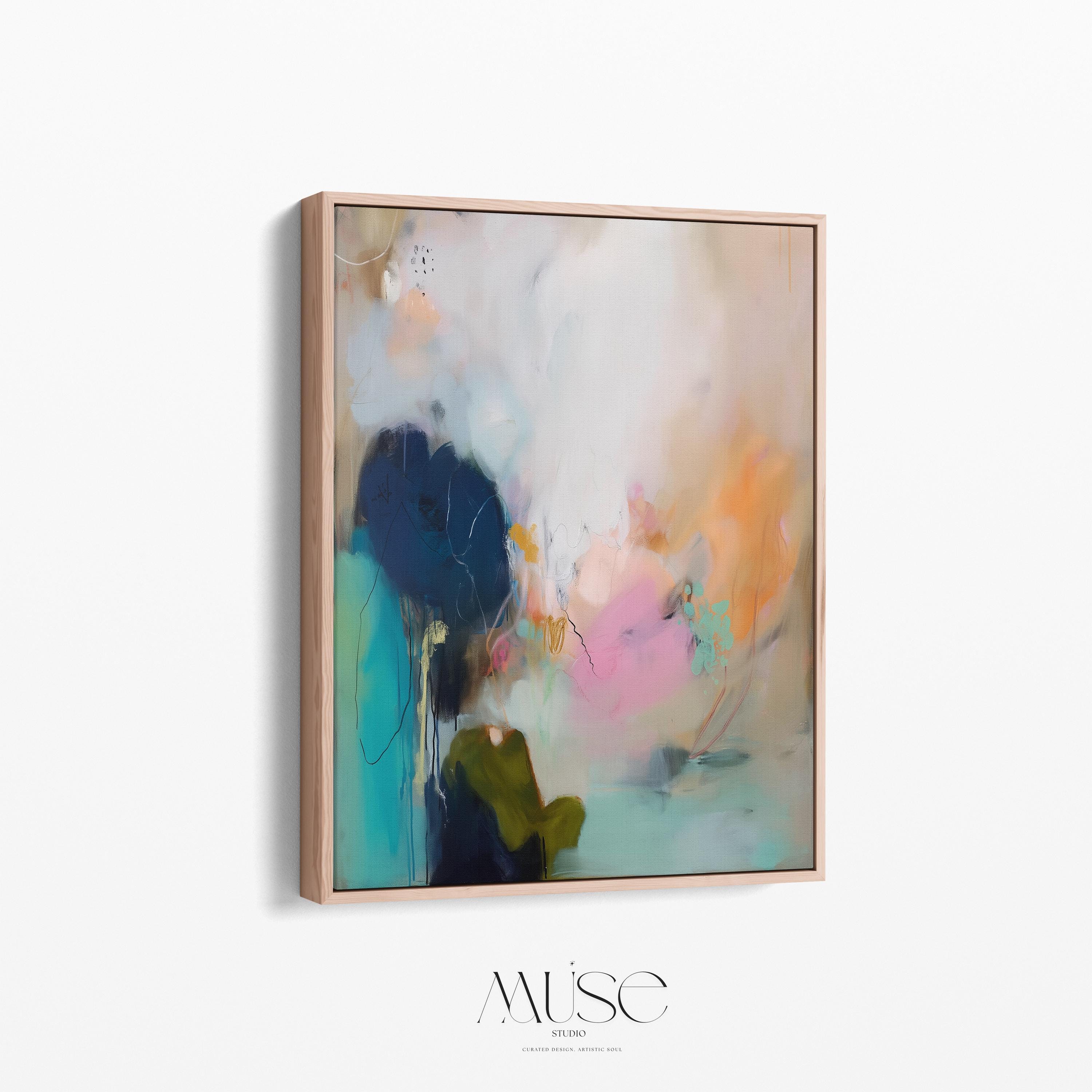 Muse Studio vertical coastal sunset abstract canvas wall art with teal blue ocean-inspired layers, soft pink and peach sunset tones, deep navy contrast, and expressive painterly texture, styled as large modern seashore decor for a living room, office, bedroom, or beach house interior.