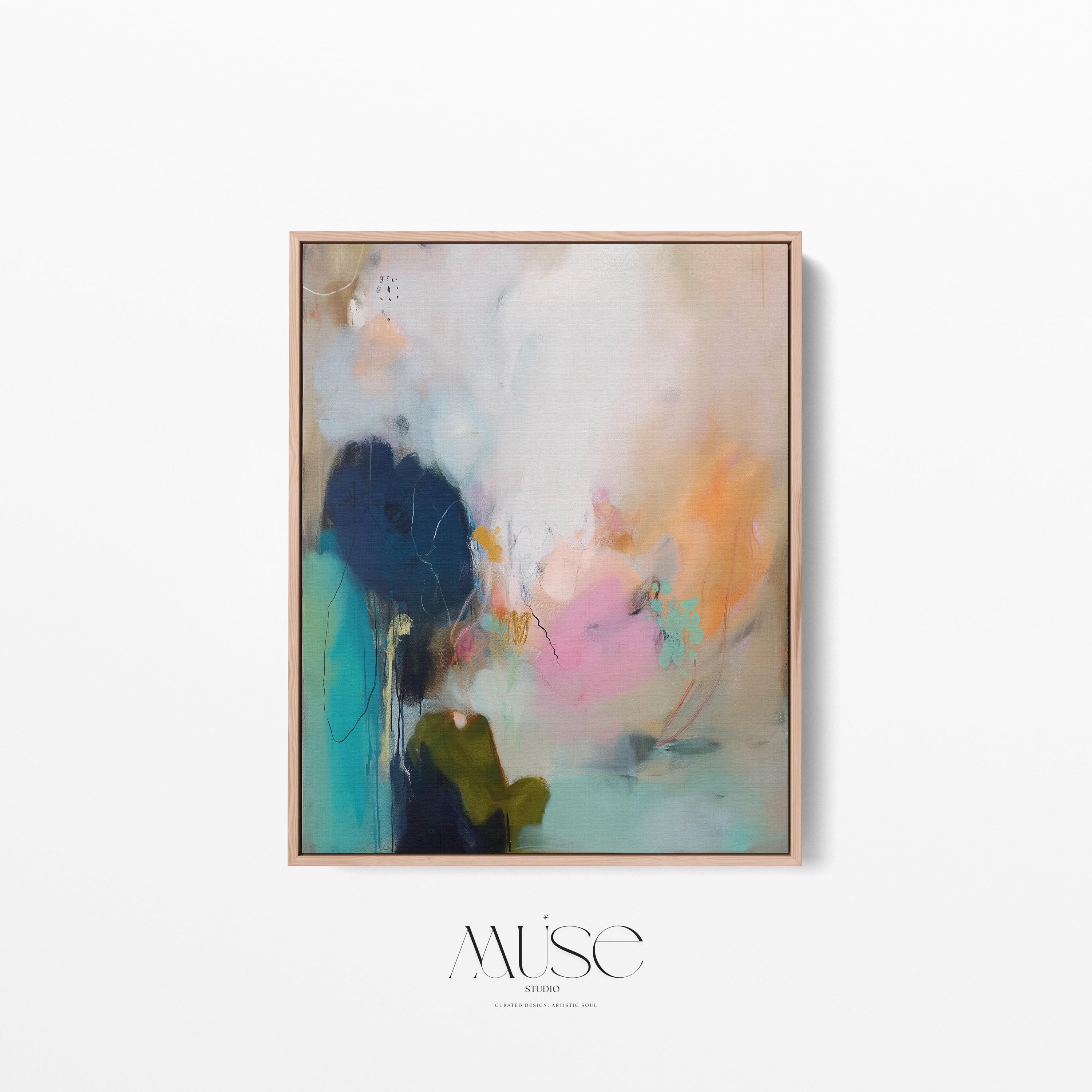 Muse Studio vertical coastal sunset abstract canvas wall art with teal blue ocean-inspired layers, soft pink and peach sunset tones, deep navy contrast, and expressive painterly texture, styled as large modern seashore decor for a living room, office, bedroom, or beach house interior.