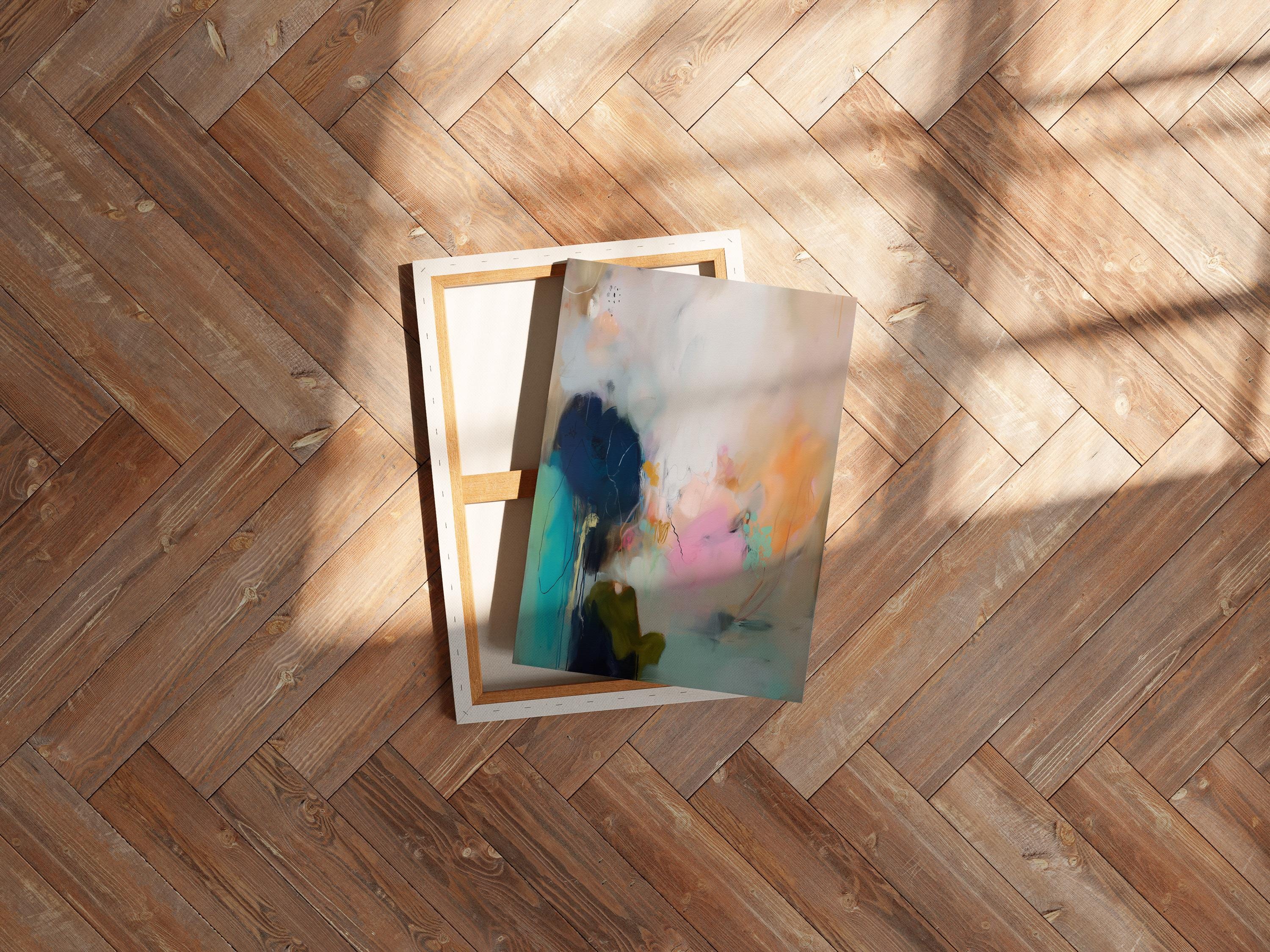 Muse Studio seashore sunset abstract canvas wall art with teal, pink, aqua blue, sea glass green, peach, and navy ocean-inspired layers, styled as coastal wall art and serene bedroom decor for a beach house, living room, or soft modern interior.
