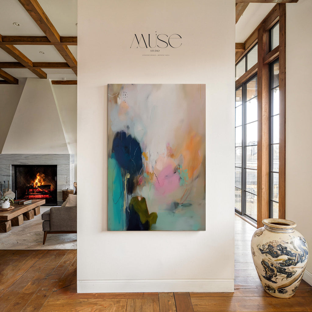 Muse Studio seashore sunset abstract canvas wall art with teal, pink, aqua blue, sea glass green, peach, and navy ocean-inspired layers, styled as coastal wall art and serene bedroom decor for a beach house, living room, or soft modern interior.
