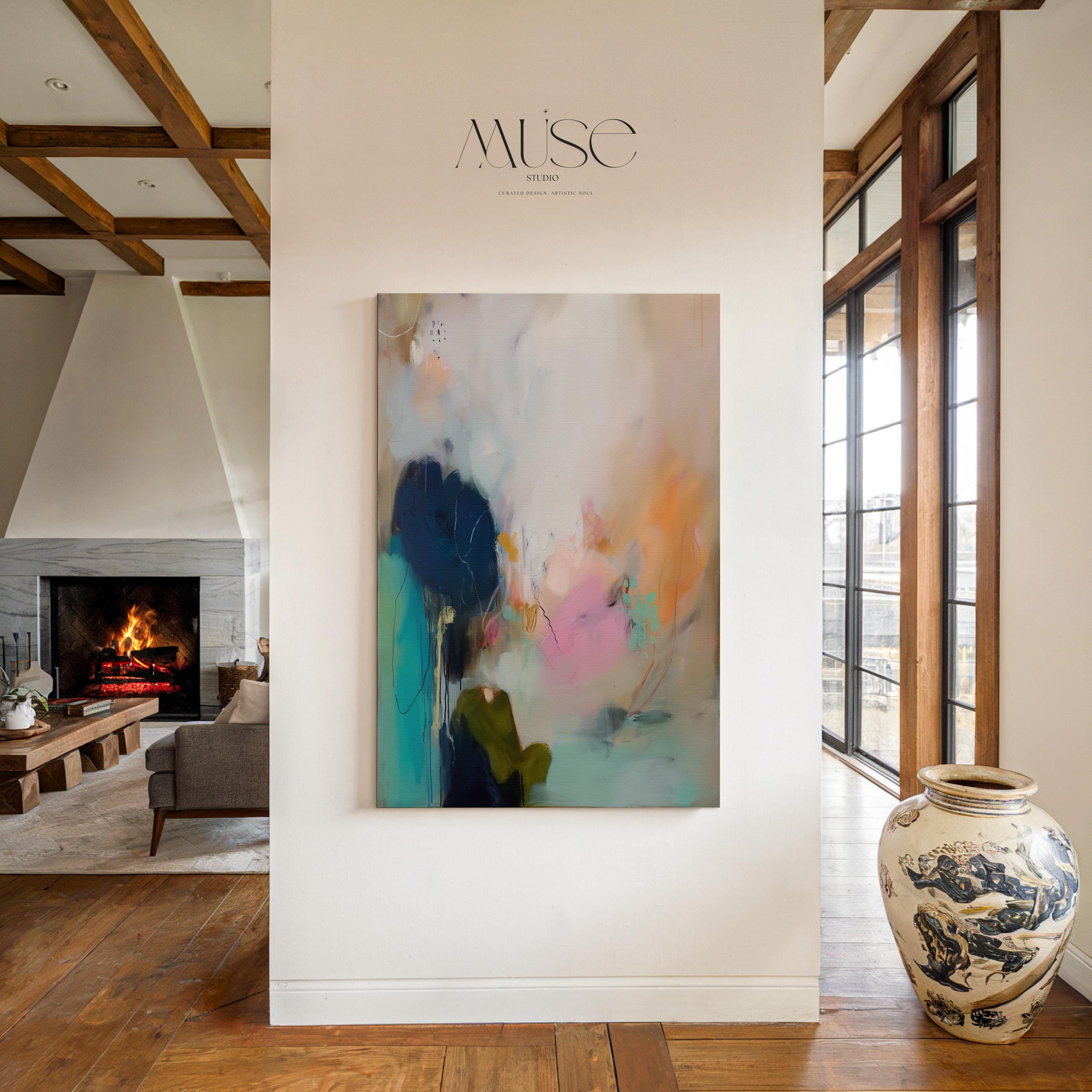 Muse Studio seashore sunset abstract canvas wall art with teal, pink, aqua blue, sea glass green, peach, and navy ocean-inspired layers, styled as coastal wall art and serene bedroom decor for a beach house, living room, or soft modern interior.