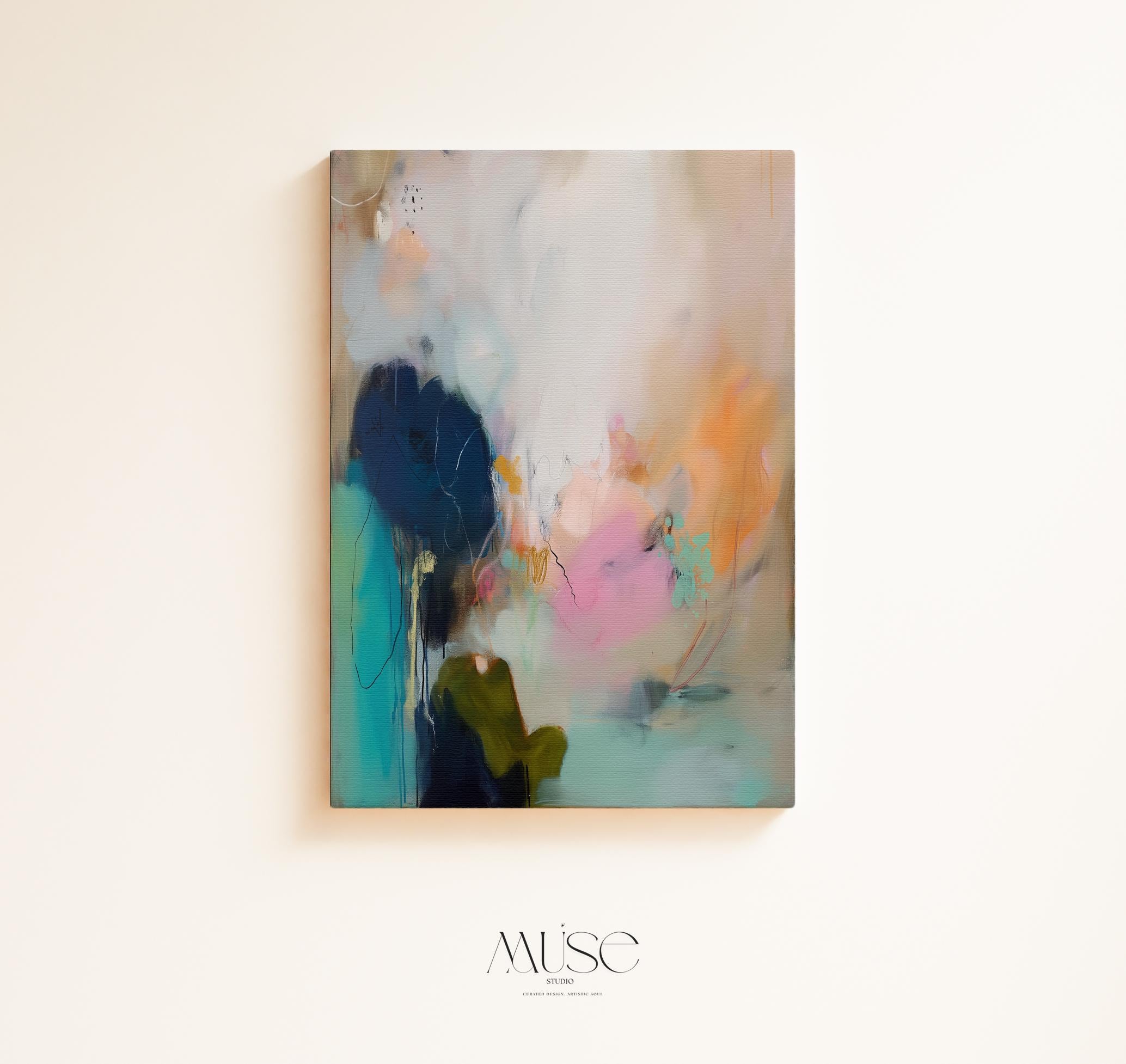 Muse Studio seashore sunset abstract canvas wall art with teal, pink, aqua blue, sea glass green, peach, and navy ocean-inspired layers, styled as coastal wall art and serene bedroom decor for a beach house, living room, or soft modern interior.