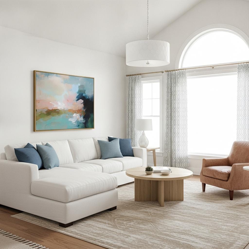 Horizontal framed abstract artwork featuring soft turquoise, peach, and gold tones inspired by ocean horizons. Ideal for Coastal Horizon interiors, this piece brings calm energy and warmth to living rooms, beach houses, or modern spaces. Printed on archival cotton-blend canvas, hand-stretched, and framed in natural wood for a refined, gallery-quality finish.