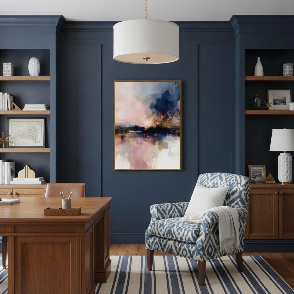 Vertical abstract framed canvas art in smoky plum, blush pink, cream, and navy. Features painterly textures and glowing contrast. Ideal for romantic bedrooms or transitional entryway styling. Available as a floating framed or gallery-wrapped canvas for elevated decor spaces.
