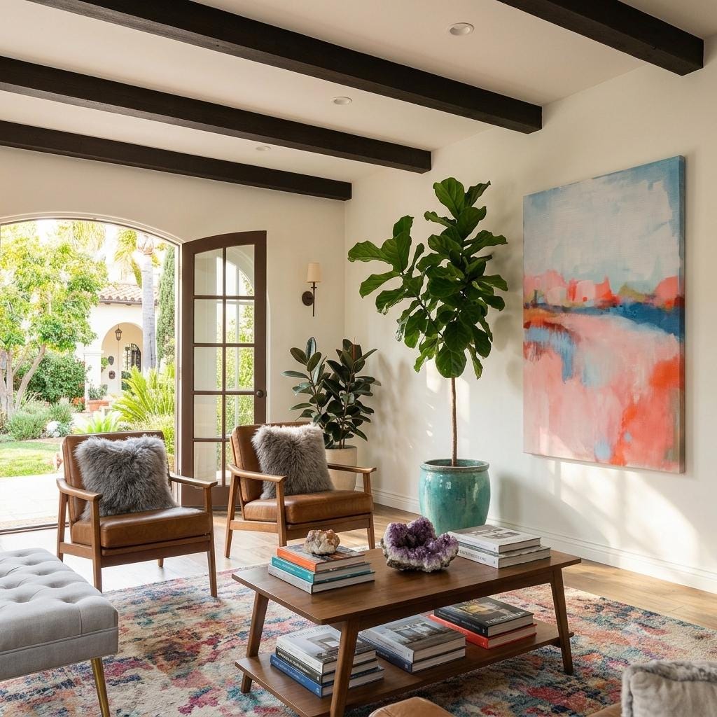 Abstract landscape canvas art featuring coral, soft blush, and blue tones in a peaceful painterly composition. Inspired by nature’s horizon, this vertical piece pairs beautifully with transitional, boho, or serene bedroom decor. Available as a fine art poster or canvas wall art for curated, color-forward decor. Styled in Southern California bungalow curated creative home.