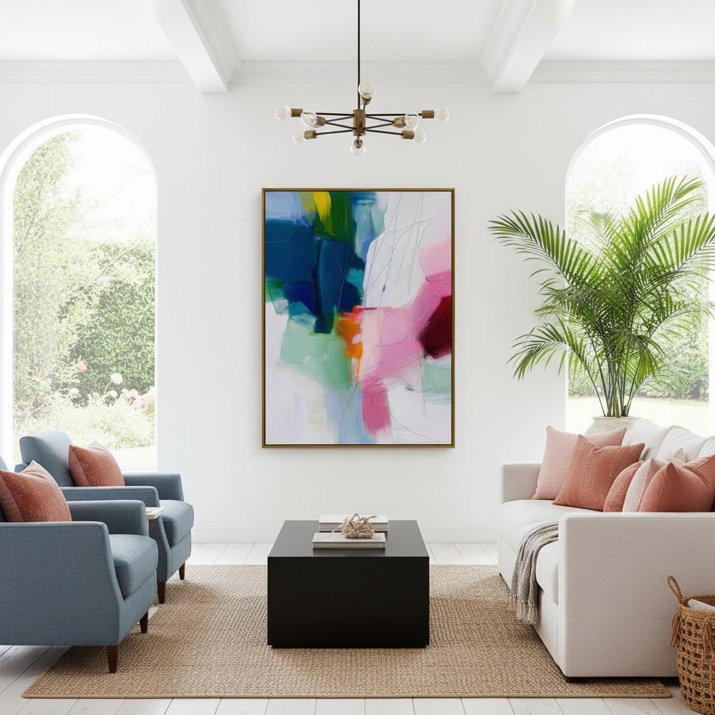 Framed vertical abstract canvas in a bold preppy style with rich navy, blush pink, coral orange, and soft mint. Contemporary painterly texture with expressive brushwork and linear detailing. Ideal for interior designers and stylists seeking statement wall art with a fresh, high-contrast palette. Vertical format styled for modern bedrooms, offices, or boutique interiors.
