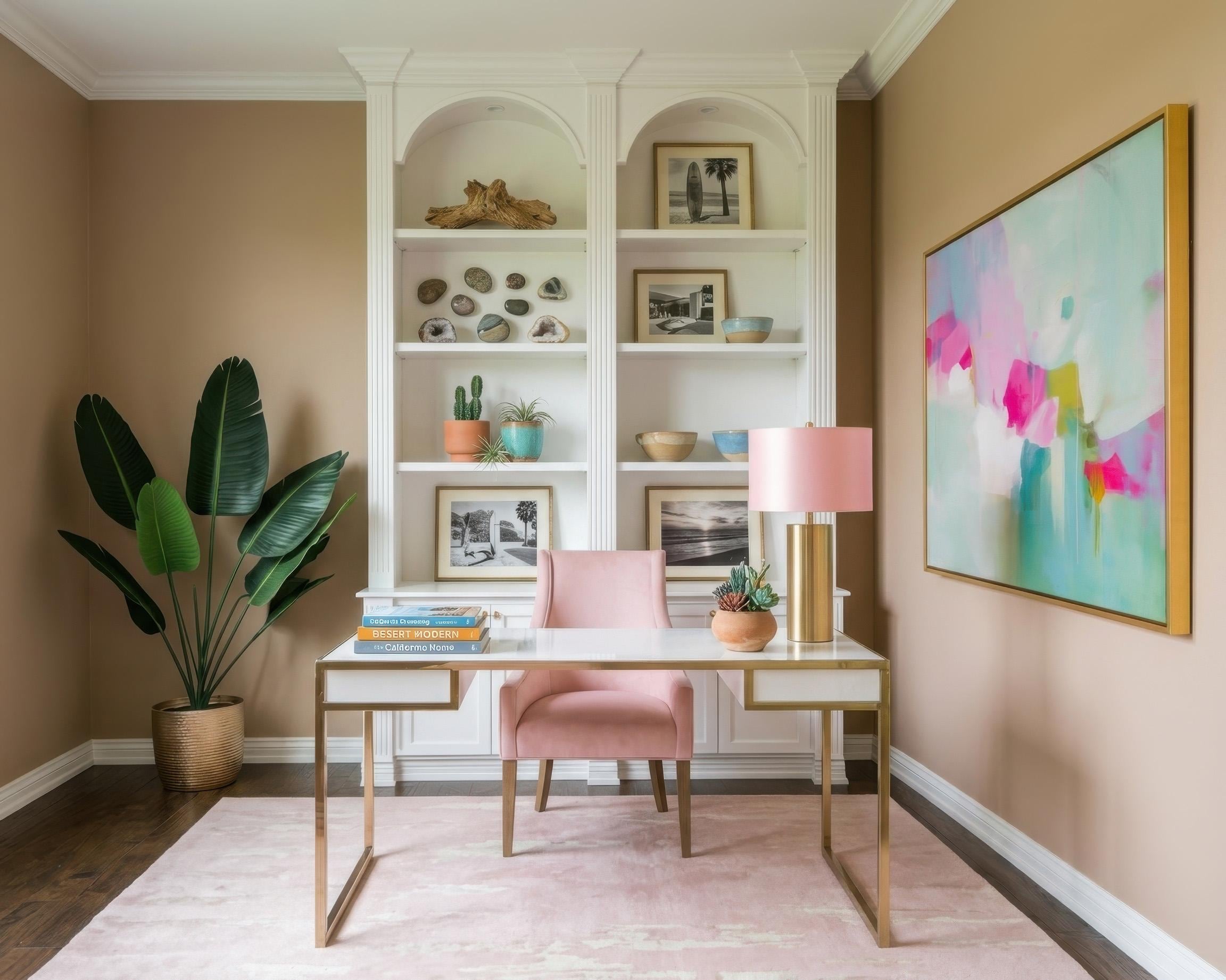 Horizontal abstract canvas painting in blush pink, aqua, and chartreuse with a pastel botanical inspired design. Painterly textures create a soft contemporary mood, perfect for bedrooms, offices, or living rooms. Available as a gallery-wrapped canvas for refined, designer wall decor.