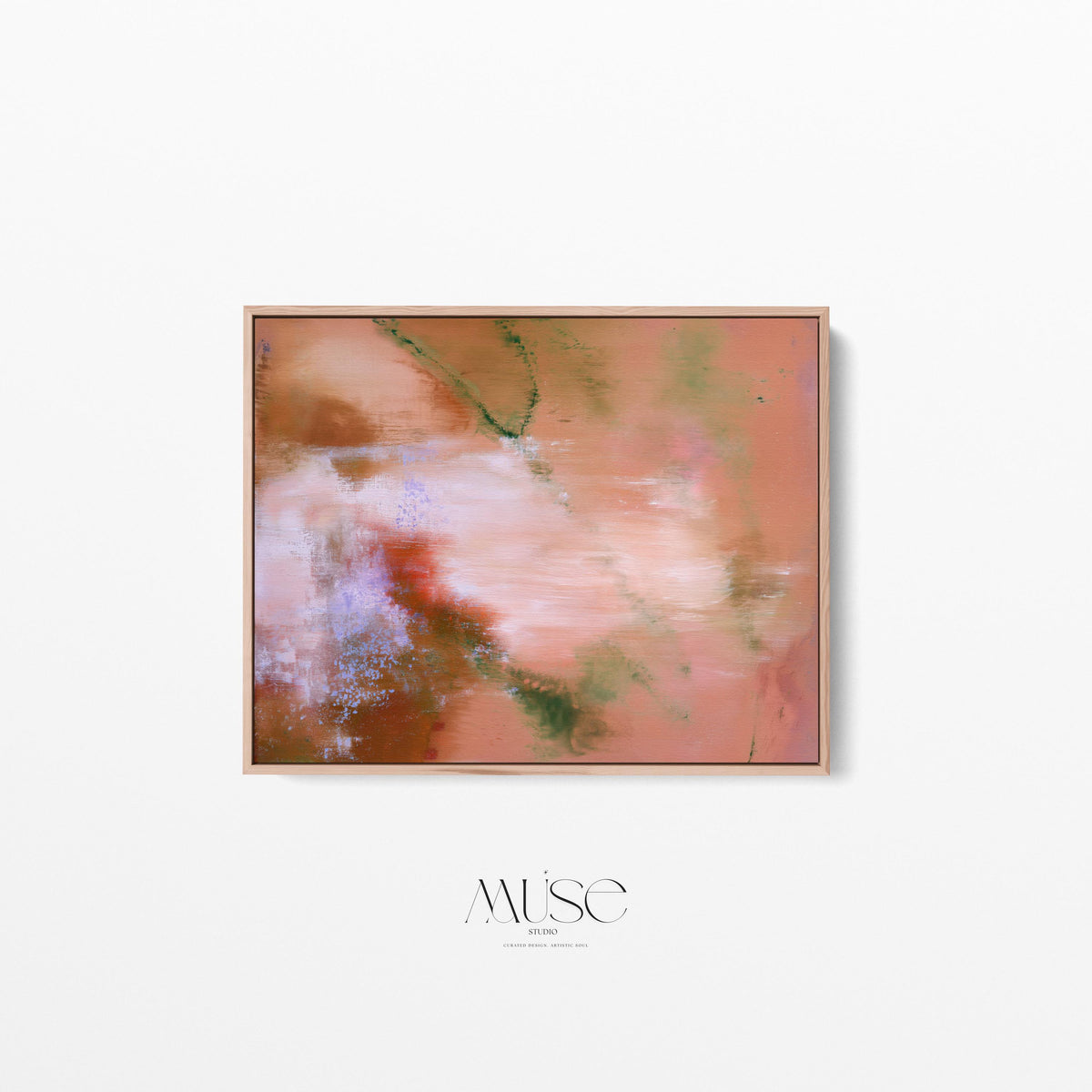 Direct front product view of framed horizontal abstract wall art in terracotta, rust, blush, and olive green tones.