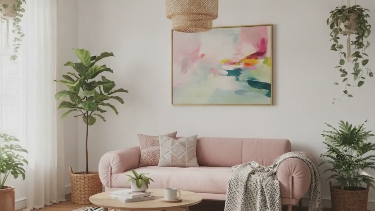 Soft Abstract Framed Canvas Art Pink Teal Pastel Painting Modern Decor Wall Art for Bedroom or Living Room Large Statement Artwork 491