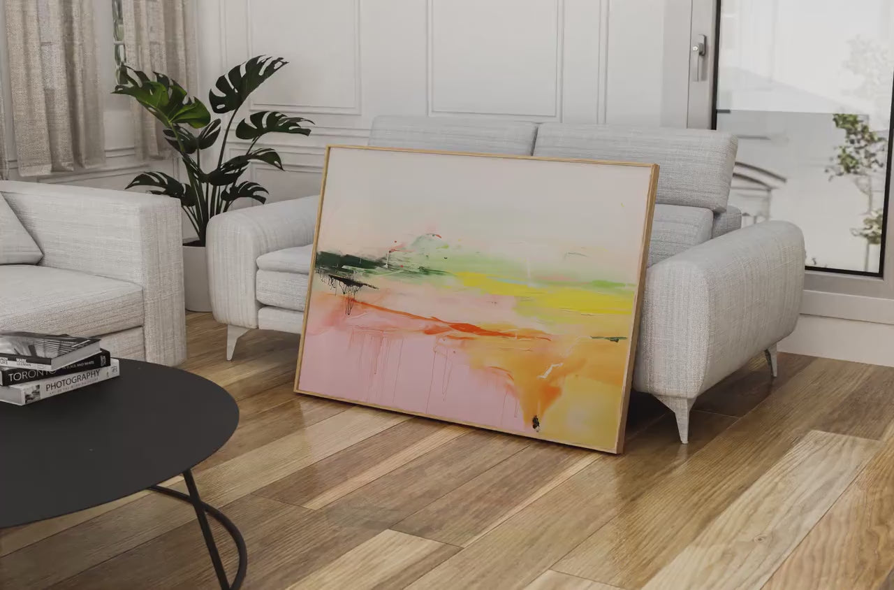 Large Horizontal Canvas Wall Art in Pink and Green, Abstract Framed Decor Art for Living Room or Office, Modern Statement Artwork 290