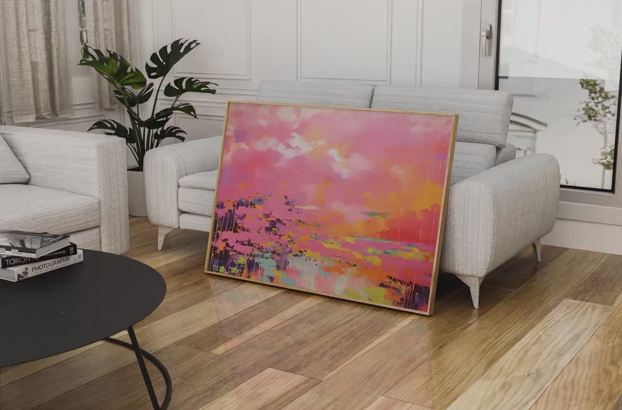 Bright Pink and Orange Abstract Wall Art, Horizontal Framed Canvas for Living Room or Office, Summer Preppy Statement Decor Art 313