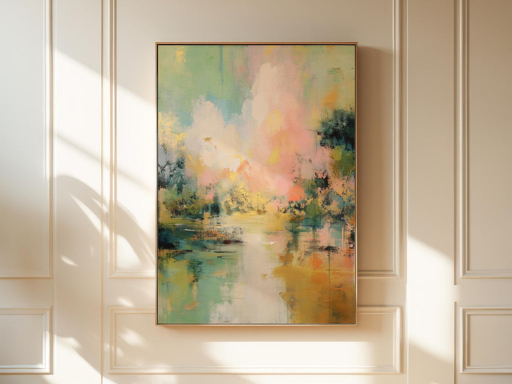 Vertical framed abstract canvas artwork showcasing soft blush pink clouds, serene sage green tones, and golden yellow brushstrokes in a thin gold frame centered on a light neutral background.